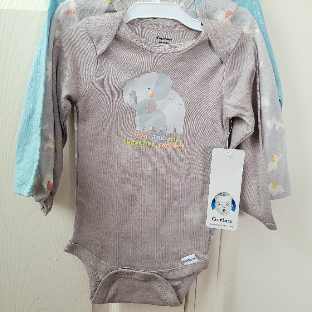 NWT 🐘 Gerber Infant Bodysuit 3-piece Set With Elephants In Gray & Blue 6-9 Mos